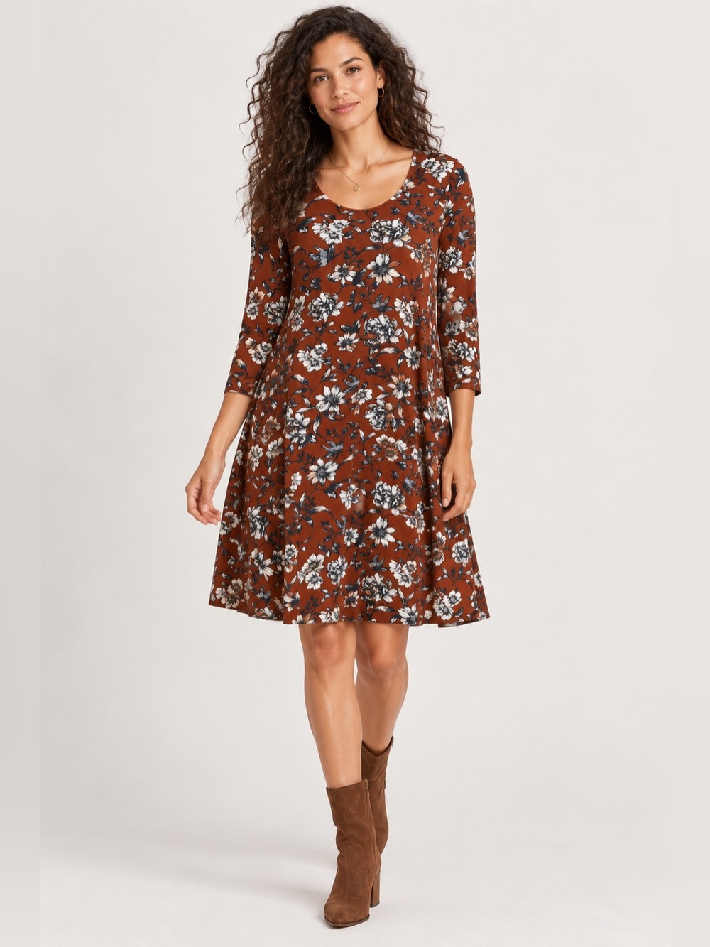 Garnet Hill Floral Scoop Neck Dress in Brown Size M